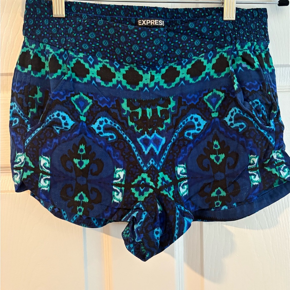 Express Women's Teal and Blue Patterned Athletic Shorts